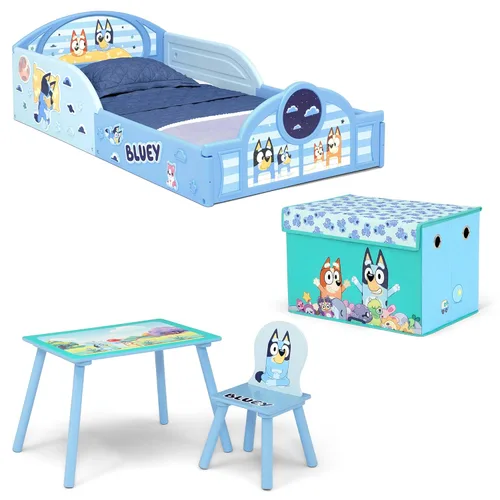 Delta Children - Juego Bluey de 4 piezas para habitación en una caja para niños pequeños – Incluye cama para dormir y jugar, mesa, 1 silla y caja de