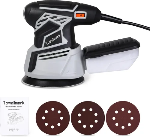 Miniatura 8 de Towallmark - Lijadora orbital, lijadora orbital aleatoria de 350 W 2.6 A con 6 velocidades variables, 13000 RPM, 12 papeles de lija, sistema