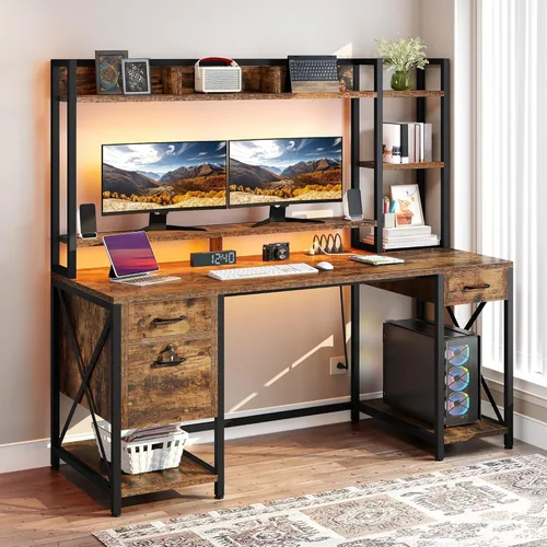 Miniatura 10 de DWVO Escritorio para computadora con cajones y gabinete, escritorio de oficina de 59.1 pulgadas con tomas de corriente y luces LED, escritorio