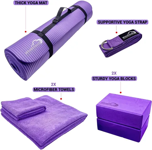 Miniatura 2 de WHITECLOUDZ Kit de yoga, juego de 7 piezas de esterilla de yoga para entrenamientos en casa, esterilla de yoga gruesa, bloques de yoga, correa