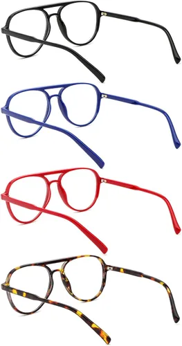 Miniatura 8 de MMOWW Paquete de 4 gafas de lectura estilo aviador sobredimensionadas para mujeres y hombres, estilo piloto retro de doble puente, con bloqueo