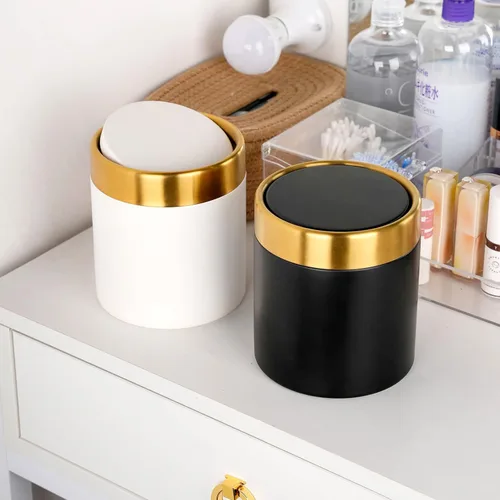 Miniatura 2 de Mini bote de basura con tapa, pequeño cubo de basura de metal para escritorio con tapa oscilante, cubo de basura de encimera de 0.4 galones