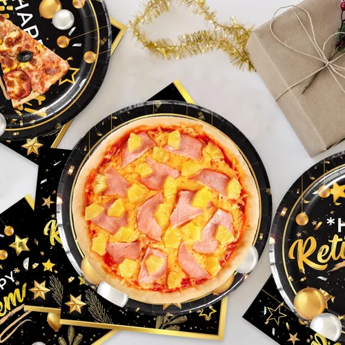 Miniatura 7 de 40 piezas de suministros para fiestas de jubilación, incluyen 20 platos negros y dorados, 20 servilletas, utilizados para decoración de fiesta