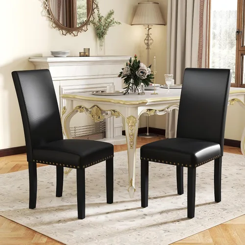 Miniatura 12 de LSSPAID Juego de 2 sillas de comedor tapizadas de tela con ribete de cabeza de clavo y patas de madera maciza para el hogar y la cocina, color gris