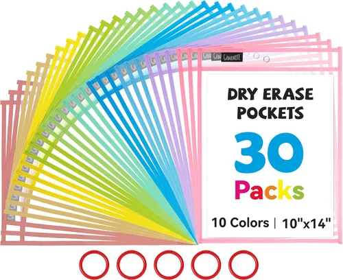 Miniatura 9 de Gamenote - Paquete de 30 bolsillos de borrado en seco con 5 anillas, 10 colores surtidos, fundas de plástico reutilizables de gran tamaño de 10x14