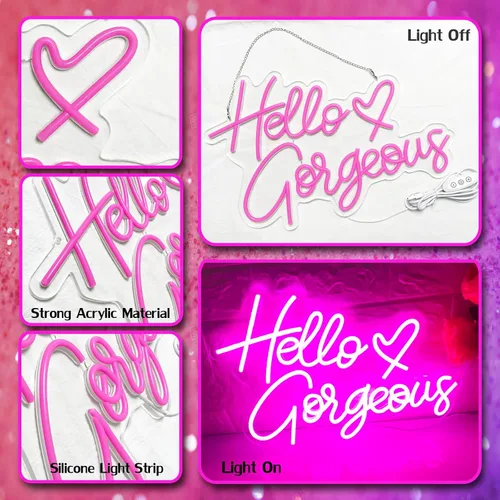 Miniatura 6 de Letrero de neón con texto en inglés "Hello Gorgeous Neon", luces LED de neón rosadas para el hogar, boda, cumpleaños, telón de fondo, fiesta