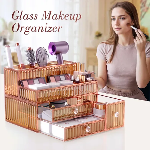 Miniatura 3 de Youdepot Organizador de maquillaje de vidrio templado dorado para cosméticos, cuidado de la piel, herramientas para el cabello, brochas, perfume