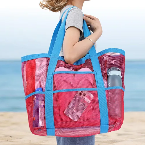 Miniatura 8 de F-color Bolsa de playa, bolsa de playa de malla de gran tamaño, 9 bolsillos, bolsa de toalla de playa