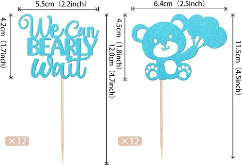 Miniatura 2 de 24 PIEZAS Oso de Peluche con Texto "We Can Bearly Wait" Adornos de Cupcake con Purpurina, Globo Oso para Revelación de Género, Adornos de Baby