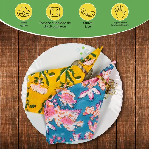 Miniatura 4 de DIYANAIMPEX 10 Servilletas de Tela de Algodón con Estampado en Bloque a Mano Hechas a Mano Tamaño 16x16 Pulgadas Estampadas Decoración del Hogar