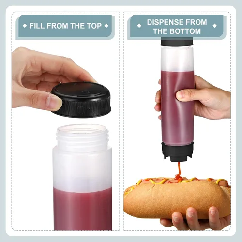 Miniatura 5 de Sabary 3 unidades de botellas exprimibles de plástico invertidas de 16 oz, dispensador recargable con válvula grande para condimentos, botella