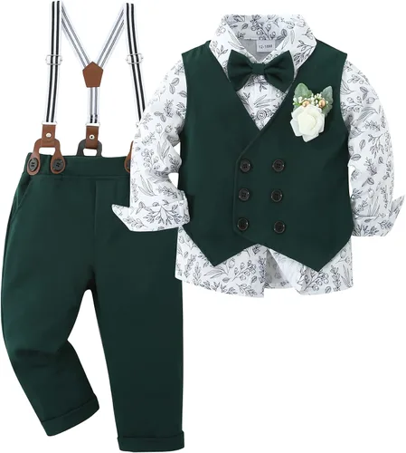 YALLET Ropa de Traje para Bebé Niño Caballero Conjuntos de Boda, Camisa de Vestir Formal + Pajarita + Chaleco + Boutonniere + Pantalones con Tirantes