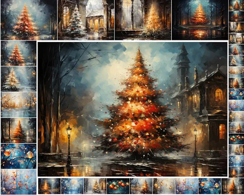 Decoupage - Paquete de papel (35 hojas de 6 x 8 pulgadas), increíbles y acogedoras pinturas de grandes árboles de Navidad y otras decoraciones FLONZ