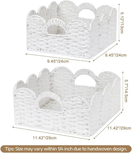 Miniatura 3 de Graciadeco Cesta de mimbre festoneada, cestas de almacenamiento de cuerda de papel natural con asas, organizador tejido a mano, cestas de Blanco