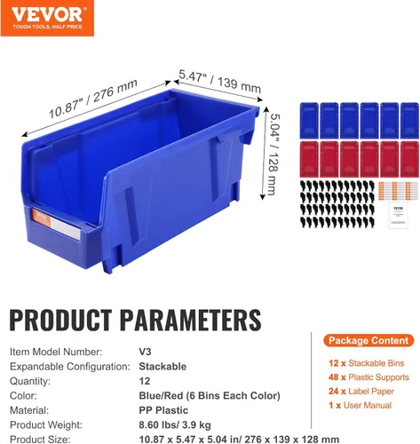 Miniatura 7 de VEVOR Contenedores de almacenamiento apilables de plástico, paquete de 12 unidades (11 x 5 x 5 pulgadas), contenedores organizadores