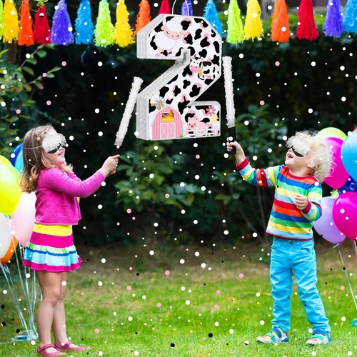 Miniatura 4 de Jexine Piñata de vaca número 2 de 16 pulgadas, granja de vacas rosadas, 2ª piñata, fiesta, suministros de fiesta de cumpleaños con palo vendados