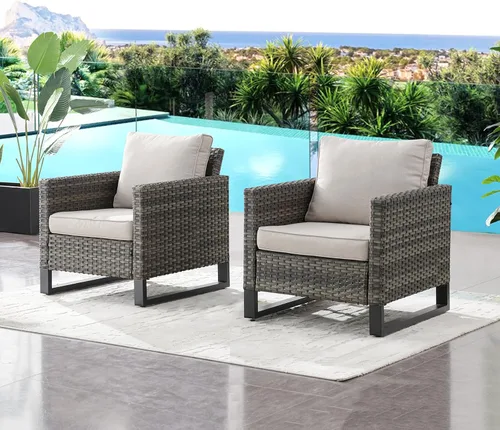 Miniatura 57 de HUMMUH Juego de 2 sillas giratorias para patio, mimbre de polietileno, para exteriores, bistró, porche, balcón, muebles con cojines Gris/gris