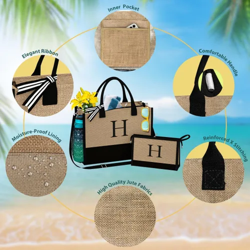 Miniatura 3 de Jute Initial Tote Bag Burlap Beach Bag Personalized Birthday Gifts for Women Teacher Mom Bridal Bridesmaid Gifts