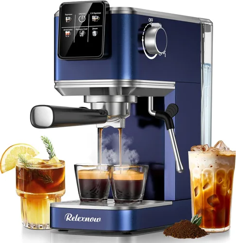 RELEXNOW Máquina de café expreso, 20 bares, espumador de leche y panel LCD, máquina de café caliente y helado, máquina de café espresso de acero