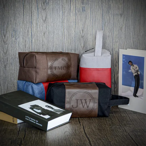 Miniatura 4 de Neceser personalizado para hombres, kit de afeitado de cuero de lona para padrinos de boda, nombre grabado/inicial, bolsa de viaje hecha a mano