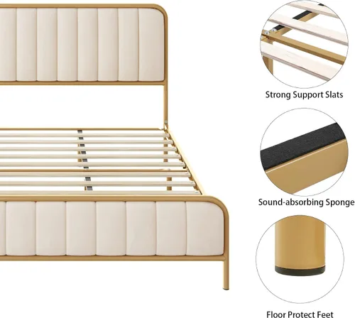 Miniatura 6 de HITHOS Base de cama tamaño individual con cabecera tapizada con botones, base de colchón de metal resistente con listones de madera, fácil