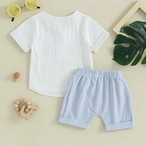 Miniatura 88 de Conjunto de ropa casual de manga corta con botones y pantalones cortos de lino para bebés y niños pequeños