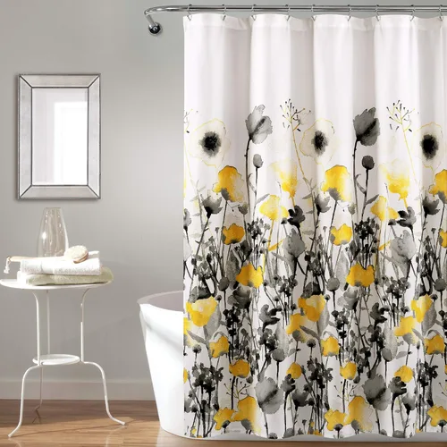 Lush Decor Zuri Flora - Cortina de ducha individual de 72 pulgadas de ancho x 72 pulgadas de largo, color amarillo y gris, cortinas de ducha