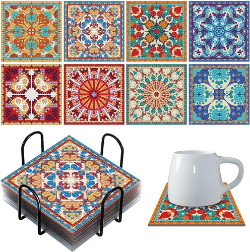 Purpeak 8 posavasos de diamantes para pintar con diamantes, kits de mandala con soporte cuadrado bohemio de cachemira, kits 5D para principiantes y