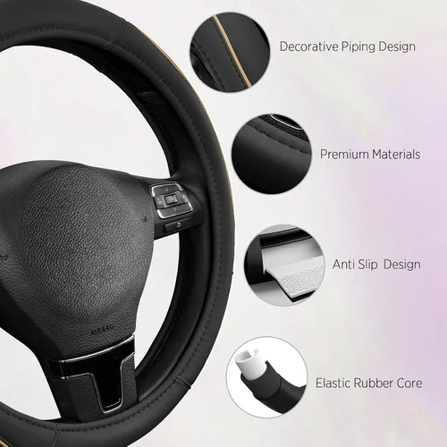 Miniatura 5 de Road Comforts Funda de cuero para volante con ribete decorativo y ribetes, diseño antideslizante y transpirable, se adapta a volantes redondos
