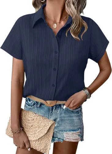 Miniatura 8 de HOTOUCH Camisa de vestir de manga corta con botones para mujer, cuello en V, con botones, para verano, con textura, para el trabajo