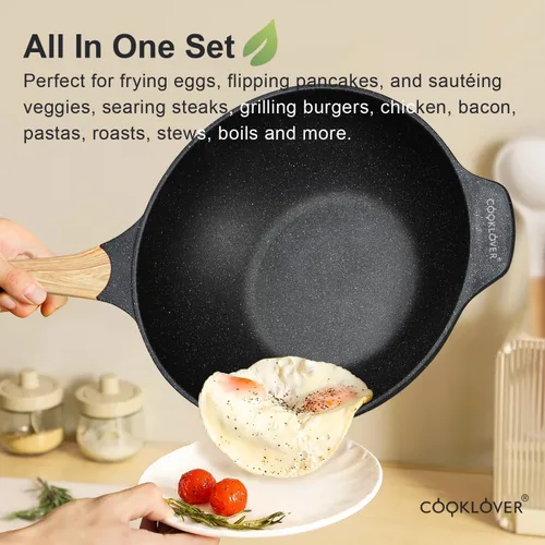 Miniatura 6 de Woks y sartenes antiadherentes de aluminio fundido a presión resistentes a los arañazos 100% libres de PFOA con tapa de 31.9 cm - Negro