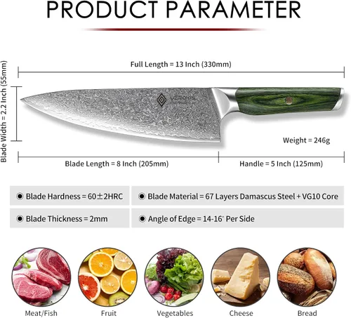 Miniatura 4 de VEROXIS Cuchillo de Chef de Damasco de 8 Pulgadas, Cuchillos de Cocina Japoneses Profesionales Afilados de Acero Super de Alto Carbono con Mangos