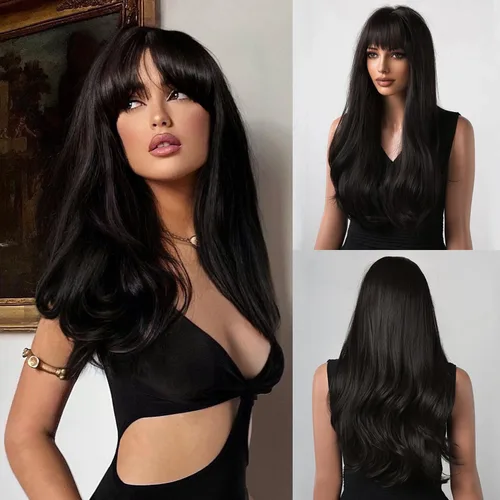 Honygebia - Peluca de cabello sintético largo con flequillo color negro para mujer, pelo natural largo liso ondulado, peluca escalonada realista