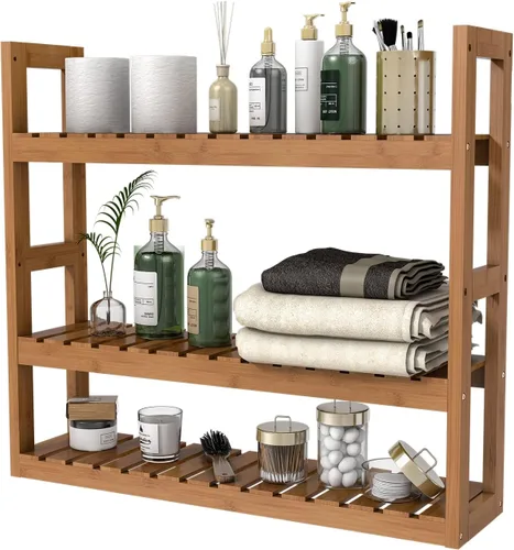 Estante Domax de bambú para baño, de 3 niveles, de montaje en pared, multifuncional, capa ajustable, de pie, para colocar por encima del inodoro,