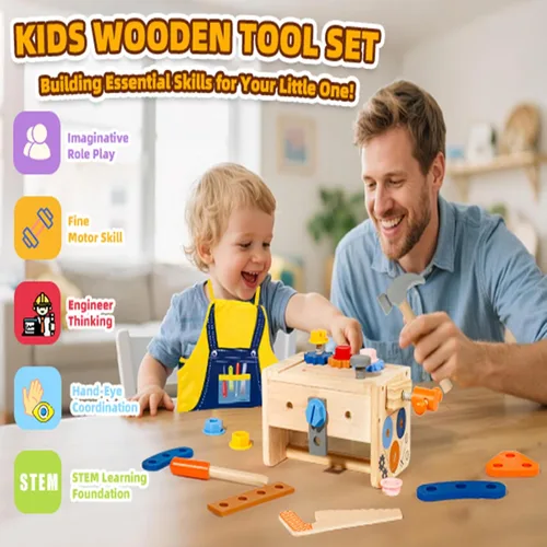 Miniatura 4 de TONZE Juego de herramientas para niños con delantal, caja de banco de herramientas de madera para niños pequeños, juguetes Montessori para niños
