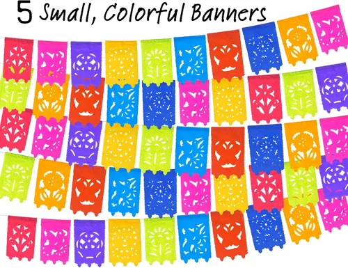 Miniatura 8 de Banderas pequeñas de papel picado, paquete de 5 unidades, decoraciones de pancarta de fiesta de 15 pies de largo, guirnalda de papel multicolor