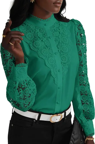 Miniatura 30 de Rooscier Blusa Elegante de Encaje de Crochet con Cuello Alto Simulado de Manga Larga con Botones para Mujer Top