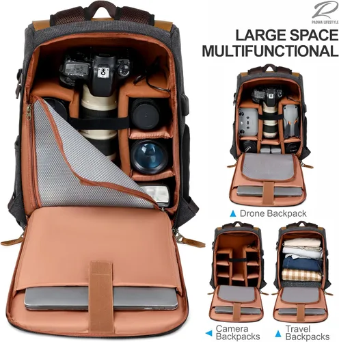 Miniatura 5 de Padwa Lifestyle Mochila para cámara profesional color negro y gris – Retro Crazy Horse Art Bolsa grande para cámara con múltiples cámaras