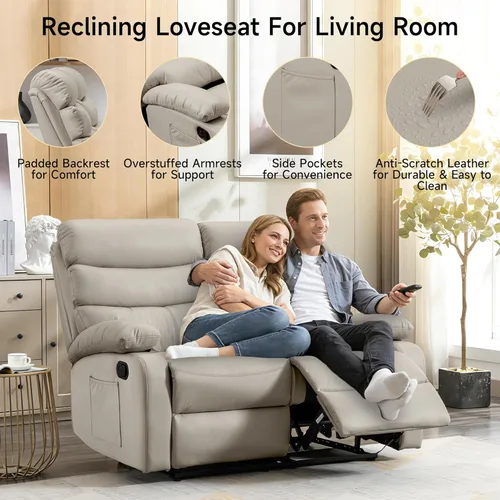 Miniatura 6 de Sofá biplaza reclinable, sofá reclinable doble de cuero con bolsillo lateral, sofá biplaza reclinable de pared para sala de estar, caravana, cine
