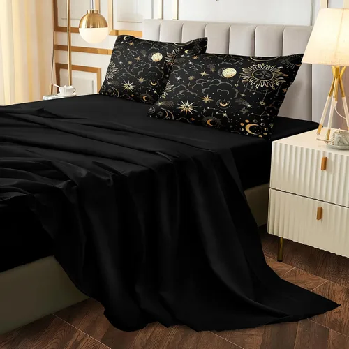 Miniatura 8 de Bedding_Dreamer Black and Gold Queen Bed in a Bag Sun and Moon Bedding Set Mysterious Space Home Decor Galaxy Down Comforter Black Sheet Sets 8 Pcs