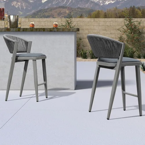 Miniatura 31 de PURPLE LEAF Juego de 2 taburetes de bar de altura de mostrador de aluminio moderno de mimbre de ratán con respaldo y cojín para cocina, césped, Gris