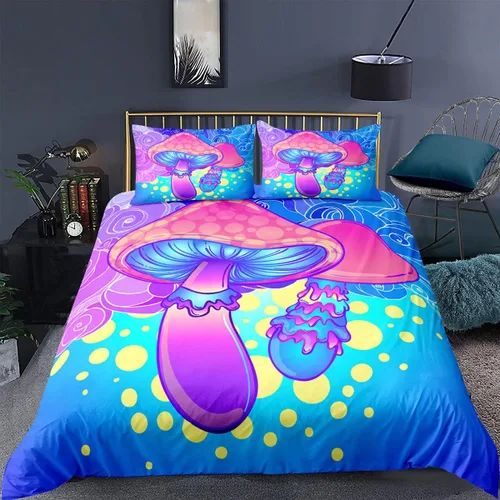 Miniatura 12 de Juego de funda de edredón psicodélico de fantasía con diseño de hongos psicodélicos, galaxia, verde cielo, morado, diseño de hongos estrellados, #1