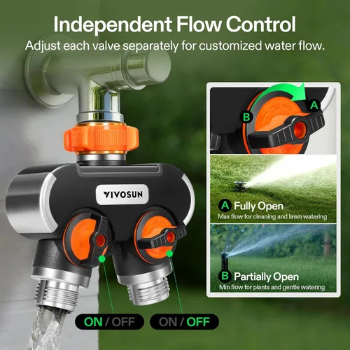 Miniatura 3 de VIVOSUN Divisor de manguera de jardín de 2 vías resistente, conector de manguera de agua de doble vía mejorado altamente duradero, adaptador