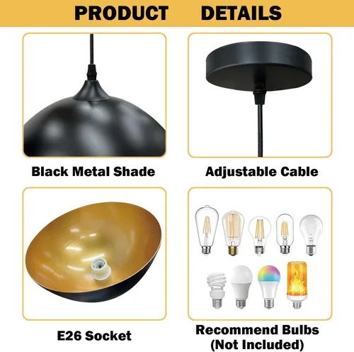 Miniatura 5 de Takor Paquete de 3 lámparas colgantes de metal, luces de techo rústicas, lámpara colgante ajustable industrial con base E26, iluminación colgante