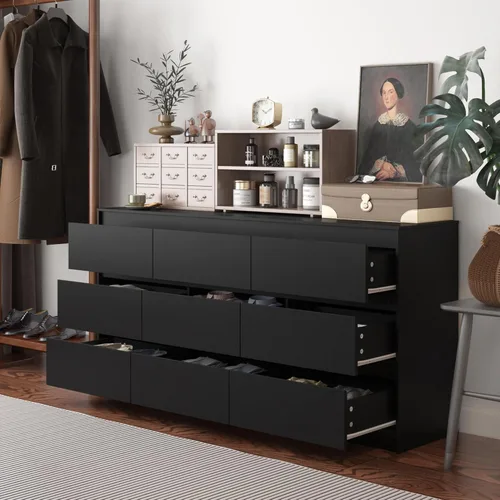 Miniatura 3 de Cómoda de 9 cajones para dormitorio con cajones profundos, cómodas grandes de piso de madera y cajoneras sin manijas, cómodas largas negras modernas