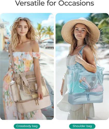 Miniatura 7 de BAGSMART Bolsa de playa para mujeres, bolsas de malla tipo tote con cremallera, esenciales de vacaciones a prueba de arena con enfriador