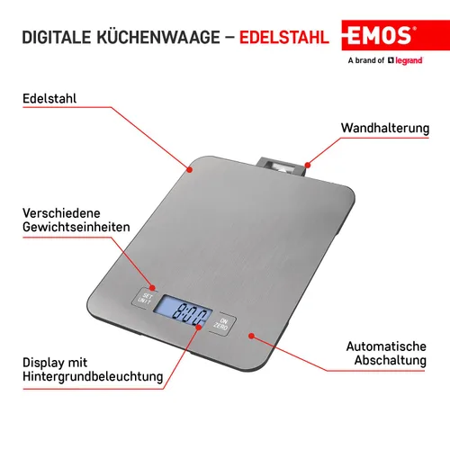 Miniatura 3 de EMOS Báscula de cocina de acero inoxidable para colgar en la pared/báscula digital con pantalla LCD iluminada/función de tara/báscula