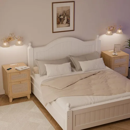 Miniatura 6 de Betterhood Mesitas de noche de ratán con estación de carga, mesitas de noche de madera con cajón y gabinete, mesitas de noche bohemias con USB