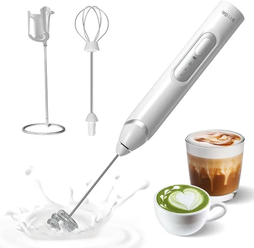 Miniatura 9 de RAFOW Espumador de leche eléctrico de mano: varita espumadora recargable con soporte, 3 velocidades y mezclador de bebidas desmontable de doble