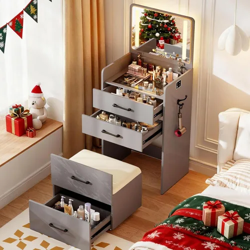 Miniatura 19 de Escritorio de tocador 3 en 1 con espejo abatible y luces, mesa de tocador de maquillaje con parte superior de vidrio con estación de carga, tocador